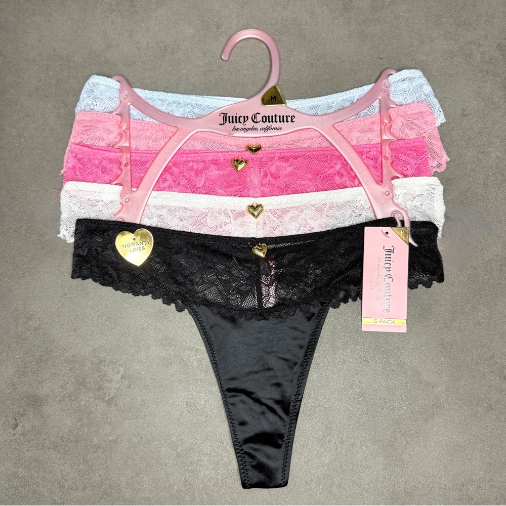 Juicy‎ Couture Black and Pink Lace Thong Panties Intimates Sleepwear - Set of 5